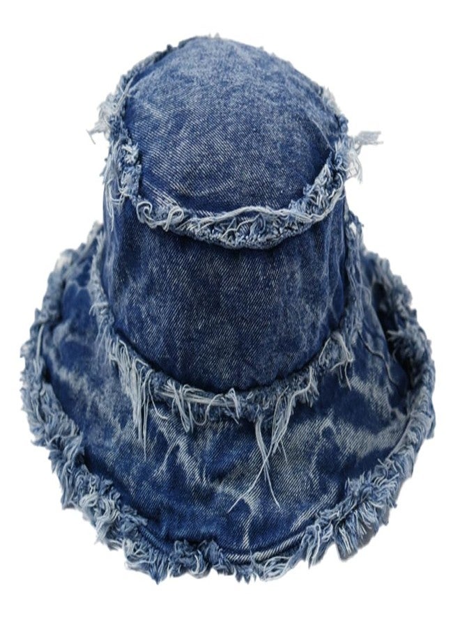 Caistre Bucket Hat Denim Fisherman Hat for Women Fringe Wide Brim Summer UV Protection Sun Hat Distressed Beach Hat - Image 1